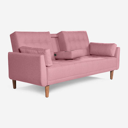 Sofá Cama Makora Royce Rosa Lino De 3 Plazas Con Portavasos - Outlet