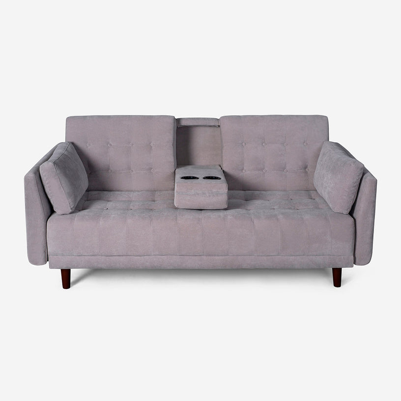 QA Sofá Cama Makora Zeppelin Gris Claro Terciopelo De 3 Plazas Con Portavasos