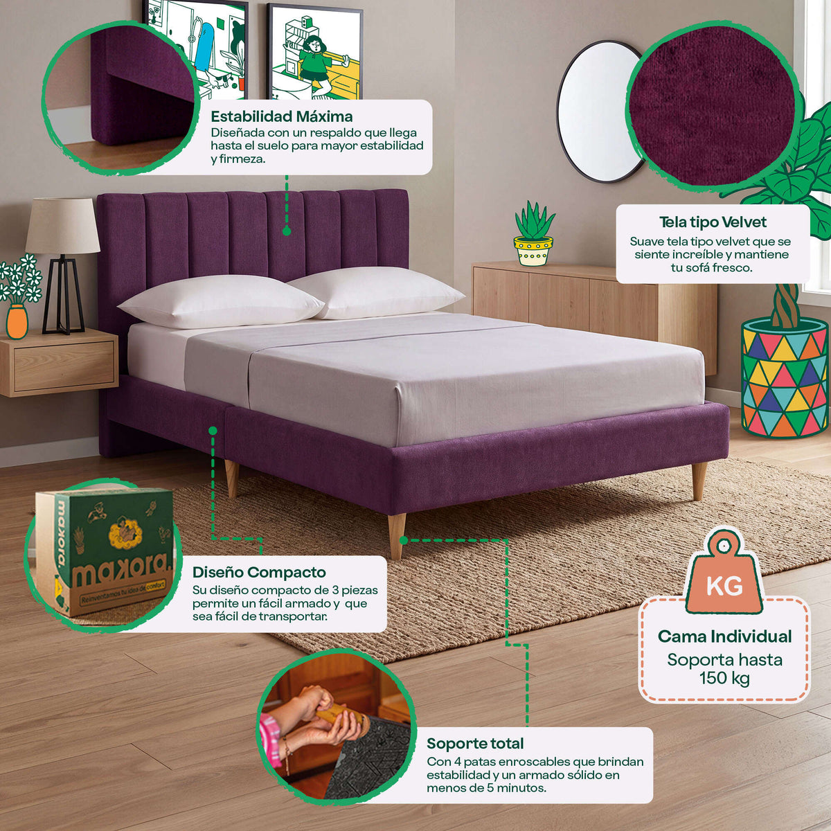 Base de Cama Individual Nostra Morado | Makora