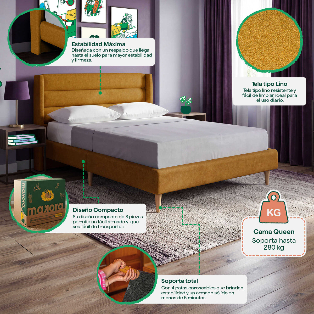 Base de Cama Queen Aroli Mostaza | Makora