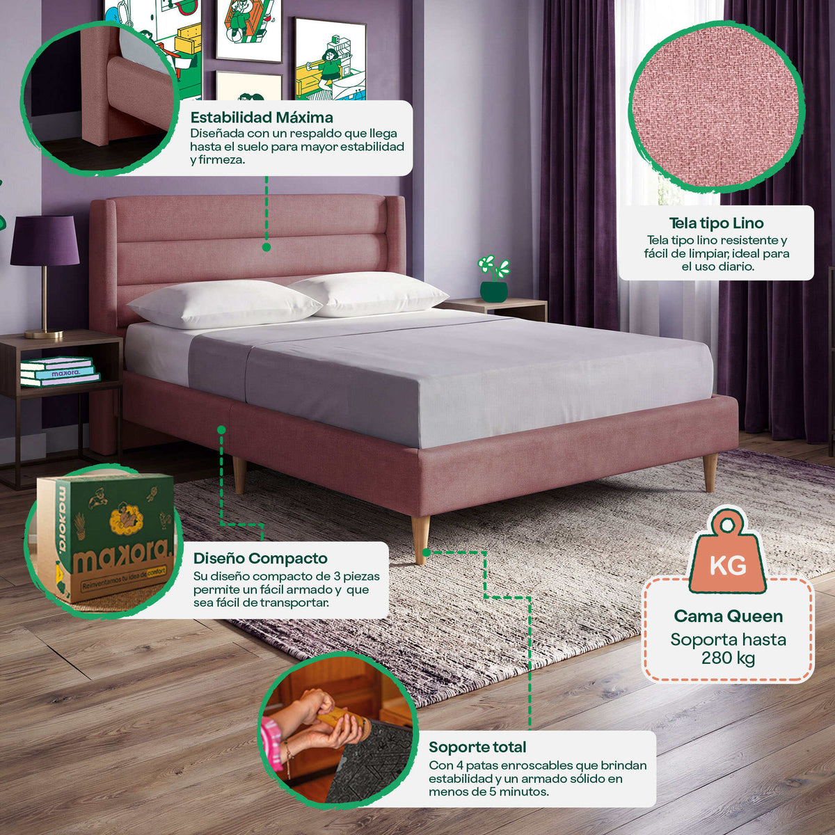 Base de Cama Queen Aroli Palo de Rosa | Makora