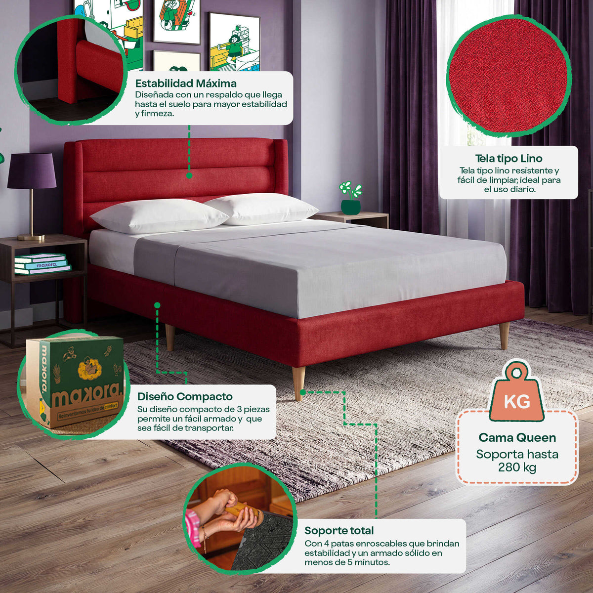 Base de Cama Queen Aroli Rojo | Makora