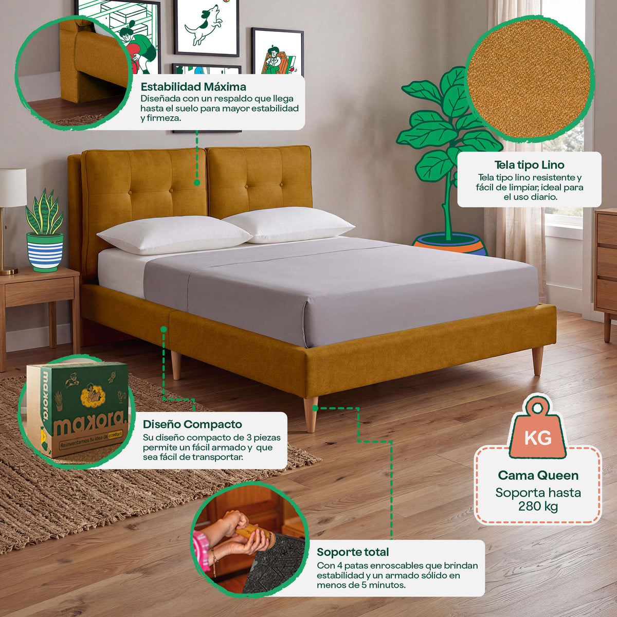 Base de Cama Queen Samna Mostaza | Makora