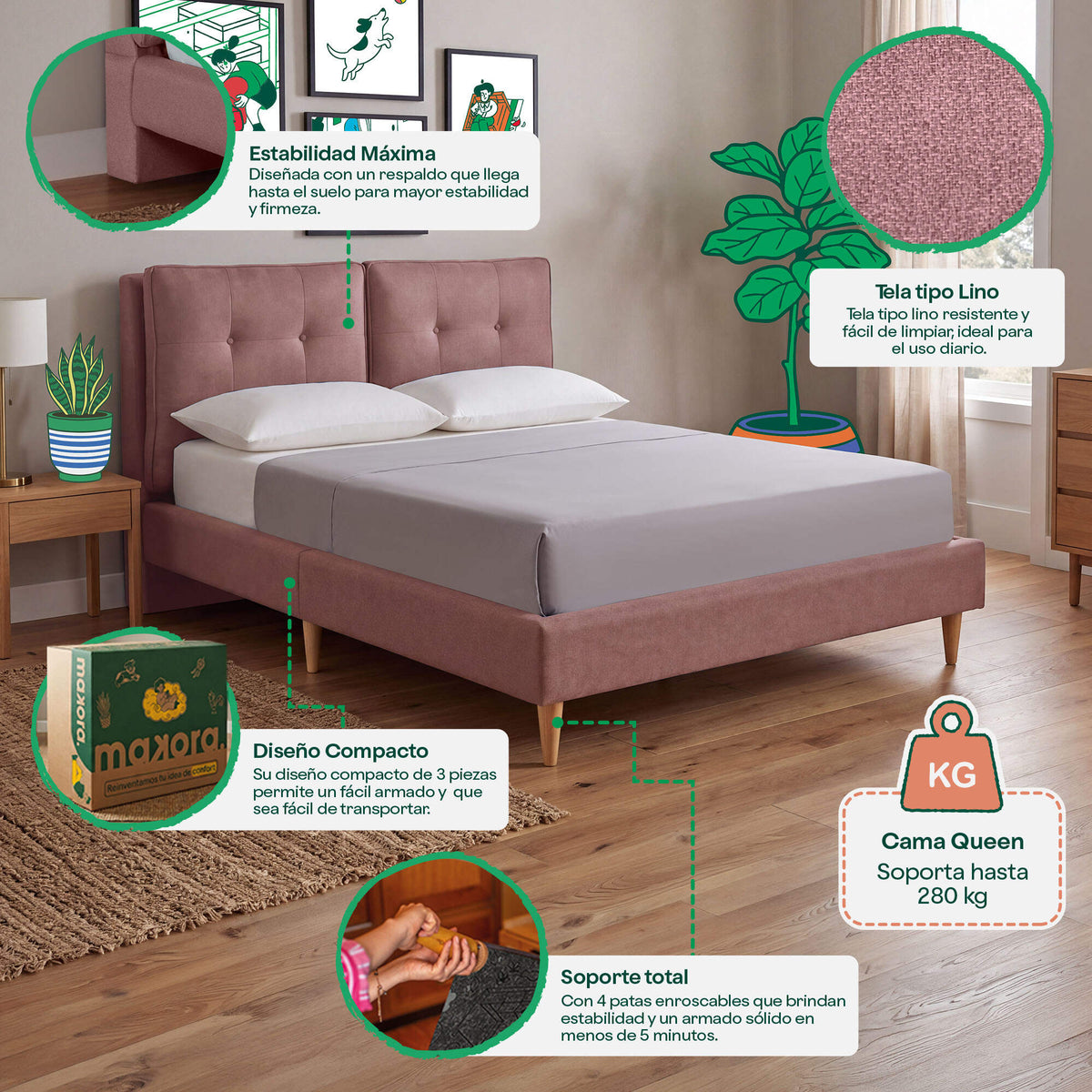 Base de Cama Queen Samna Palo de Rosa | Makora