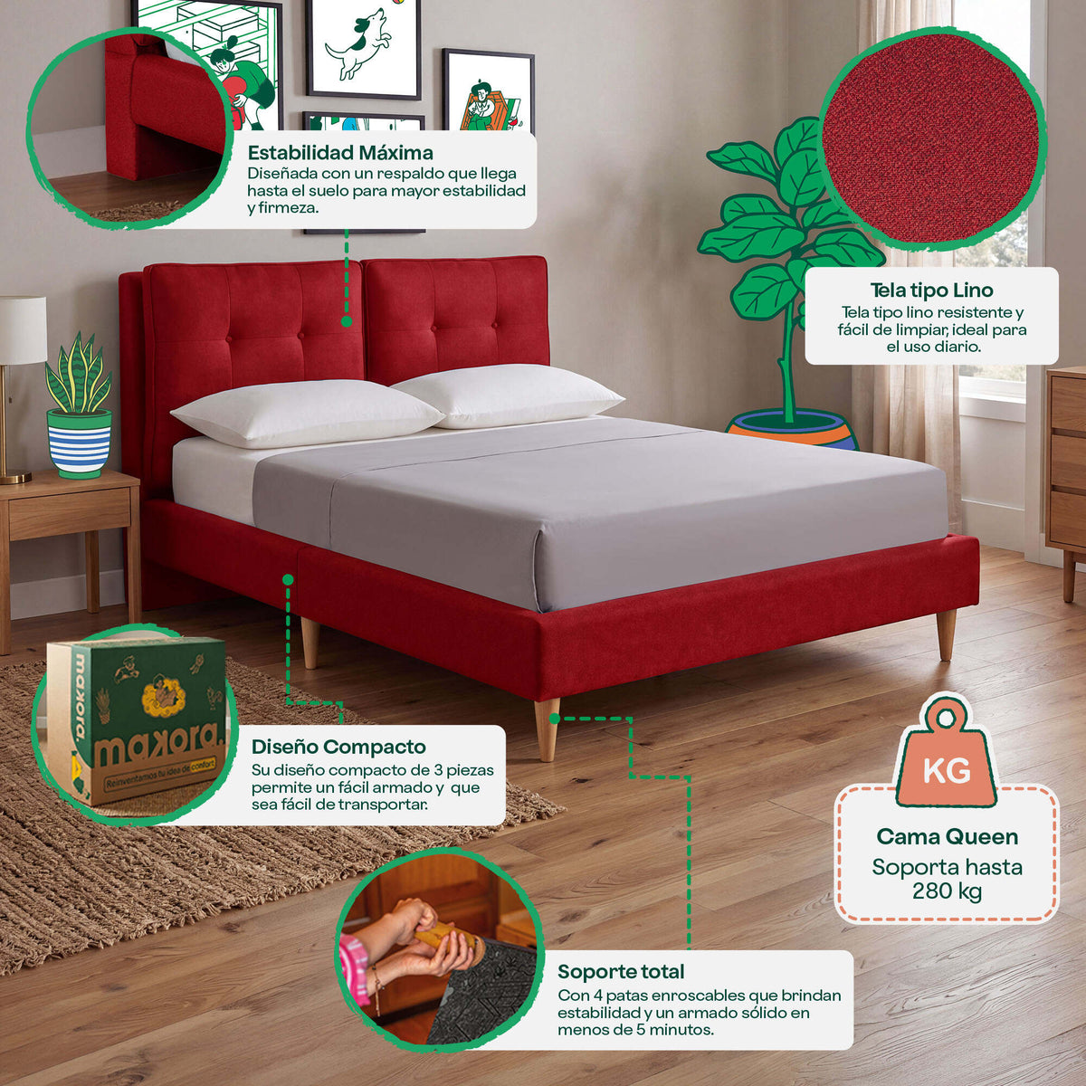 Base de Cama Queen Samna Rojo | Makora
