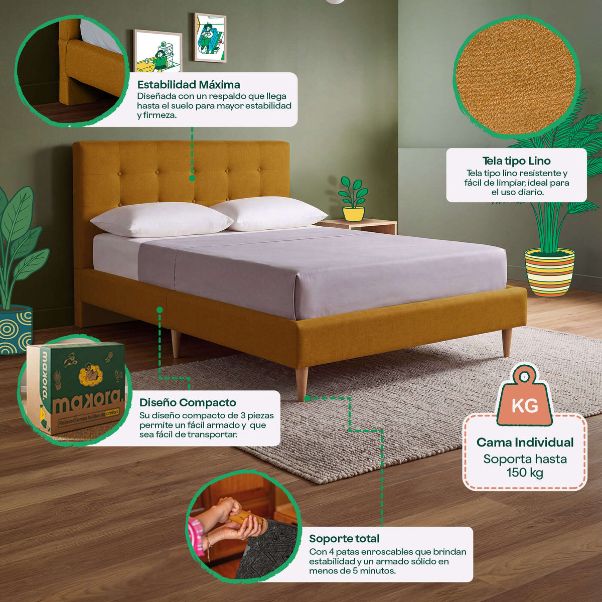 Cama Individual Maia Mostaza | Makora