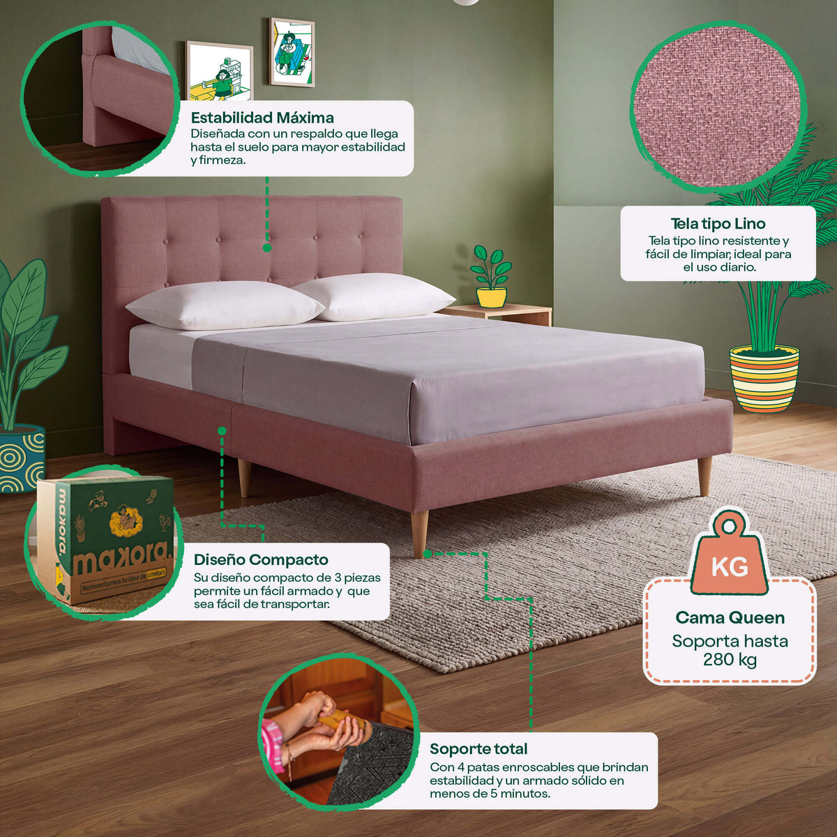 Cama Queen Maia Palo de Rosa | Makora