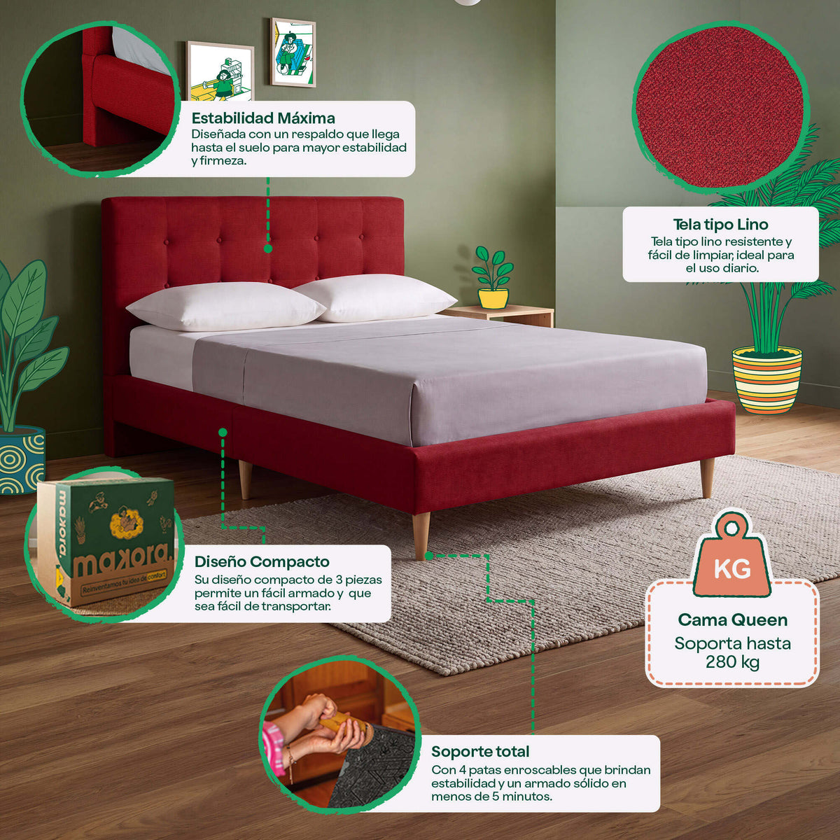 Cama Queen Maia Rojo | Makora